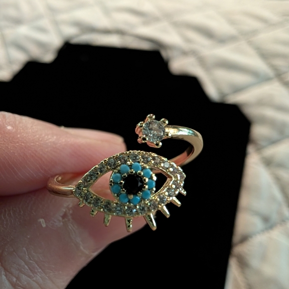 Adjustable Gold Colored Evil Eye Ring W/ Turquoise and Black Accents Wrap Design - Picture 2 of 4